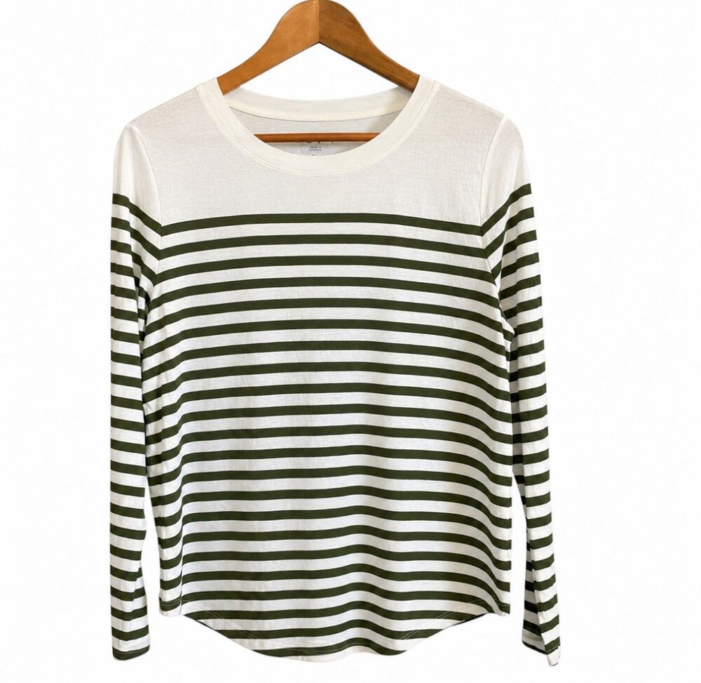 LOFT White Green Striped Long Sleeve Shirt Large NWT Lightweight Casual Top